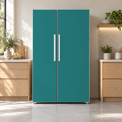 Teal fridge wrap on a side-by-side refrigerator