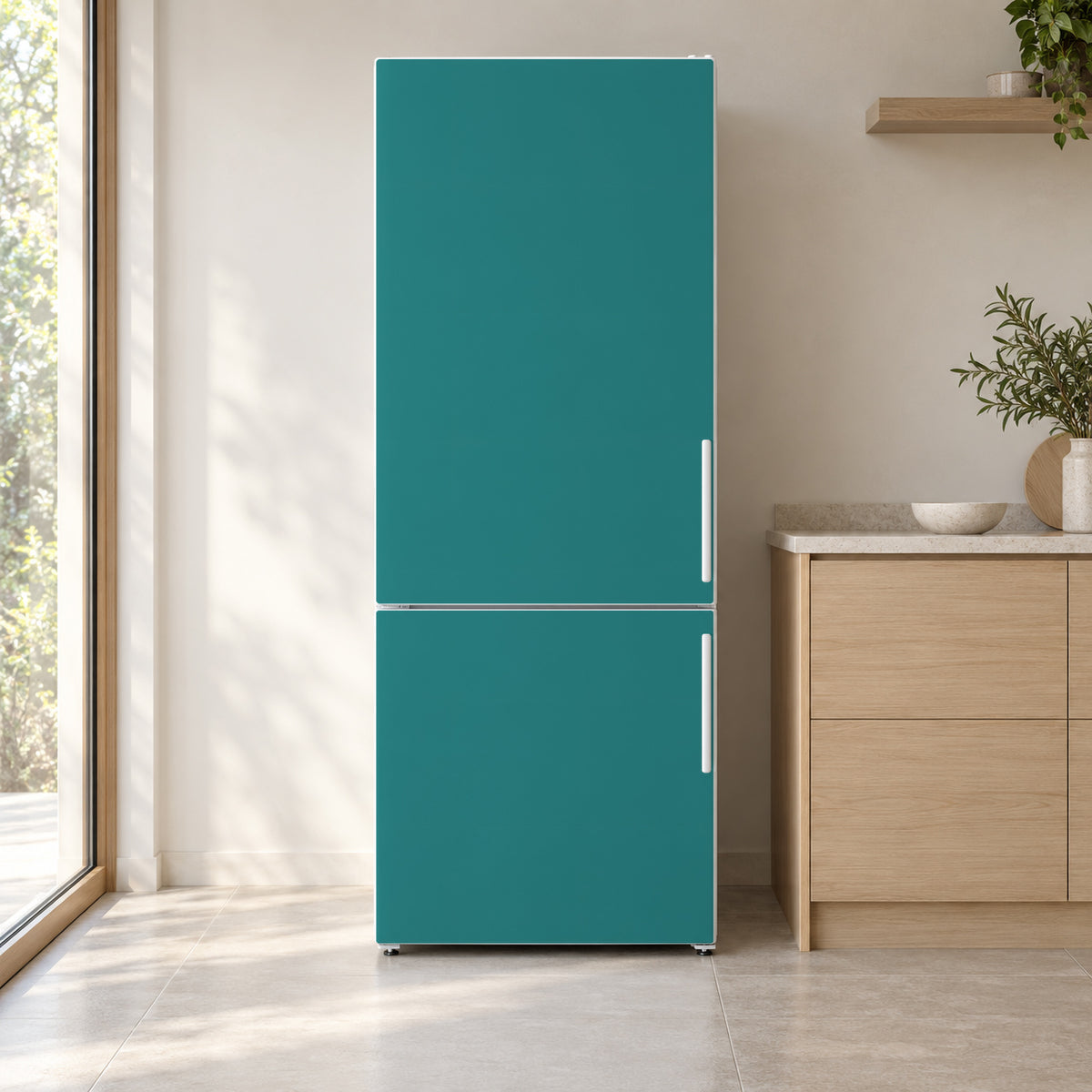 Teal fridge wrap on a white refrigerator in a bright kitchen