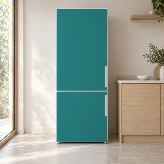 Teal fridge wrap on a white refrigerator in a bright kitchen