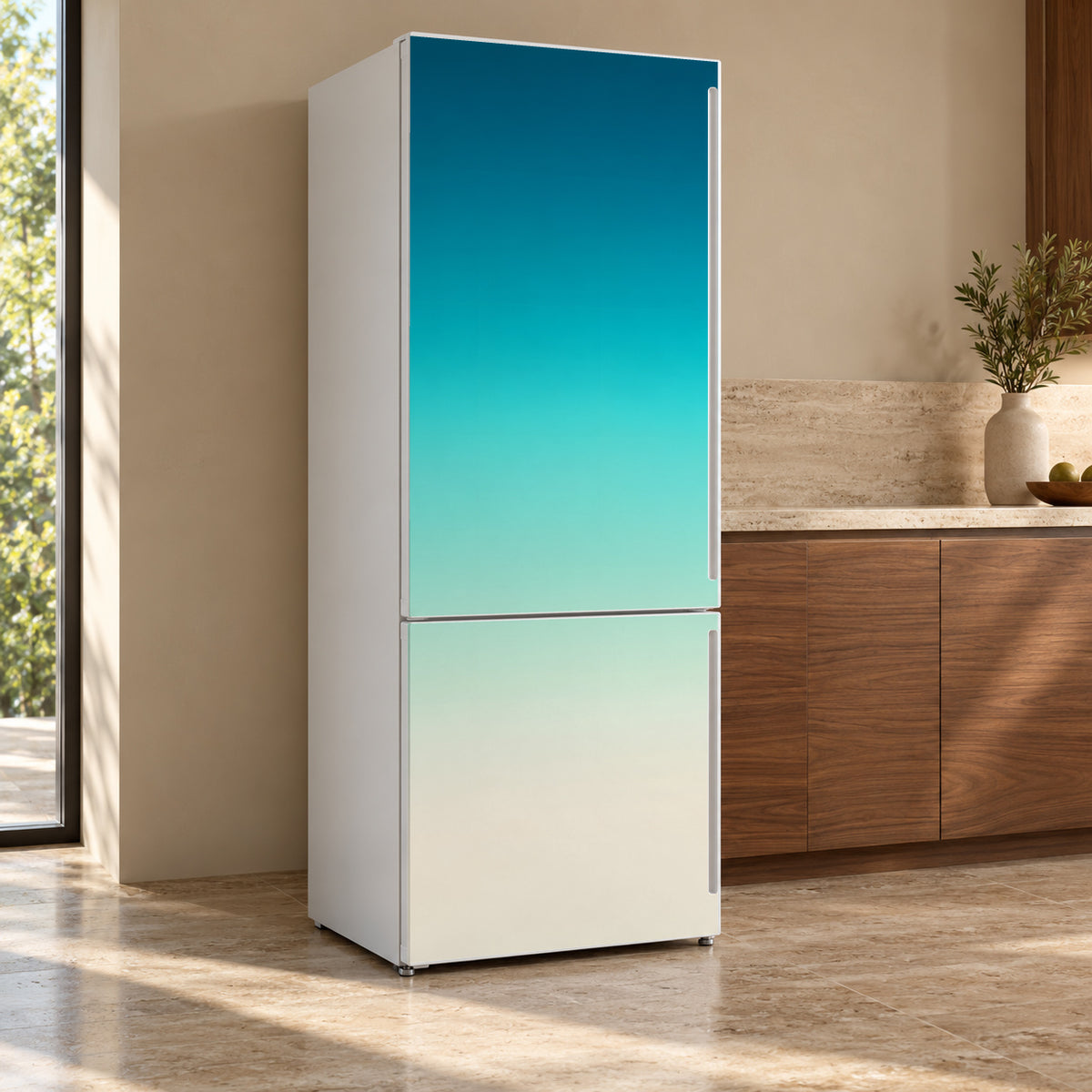 Teal Ombre fridge wrap, refrigerator shown at an angle
