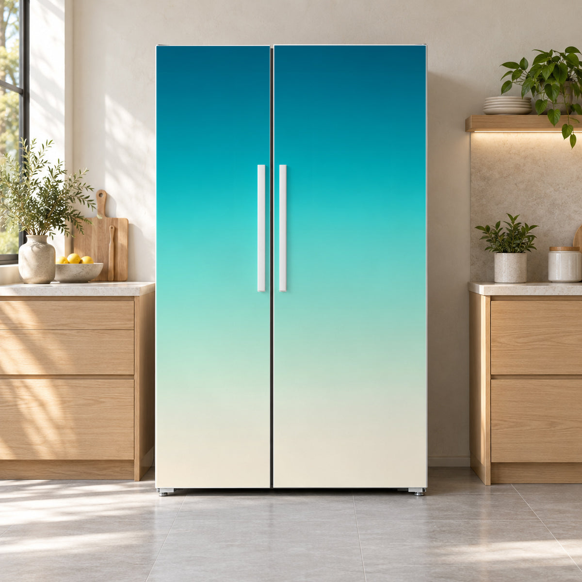 Teal Ombre fridge wrap on a side-by-side refrigerator