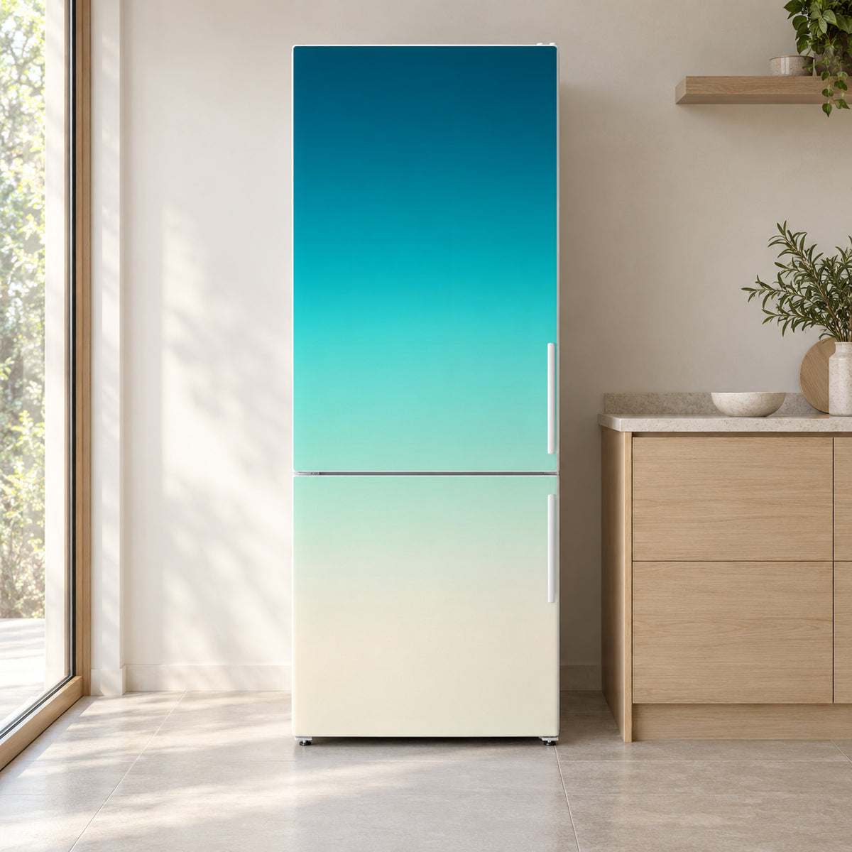 Teal Ombre fridge wrap on a white refrigerator in a bright kitchen