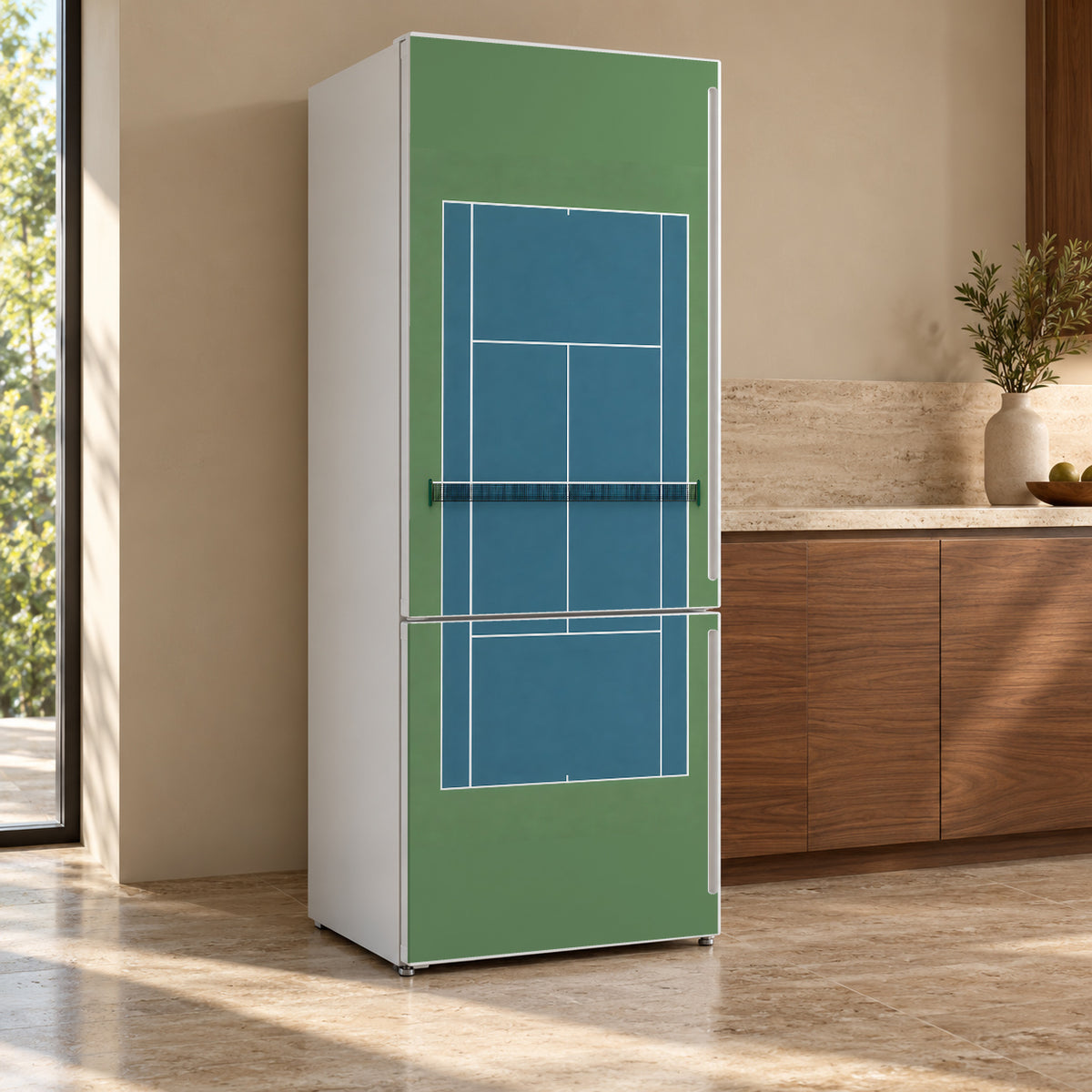 Tennis Court fridge wrap, refrigerator shown at an angle