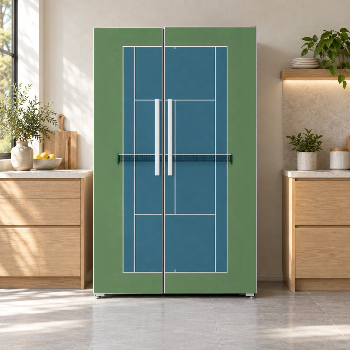 Tennis Court fridge wrap on a side-by-side refrigerator
