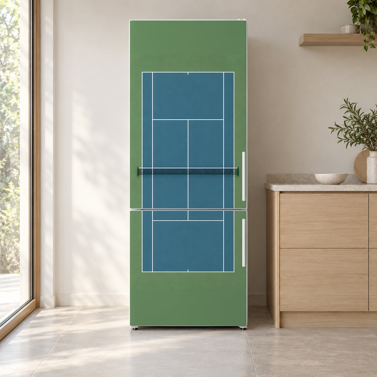 Tennis Court fridge wrap on a white refrigerator in a bright kitchen