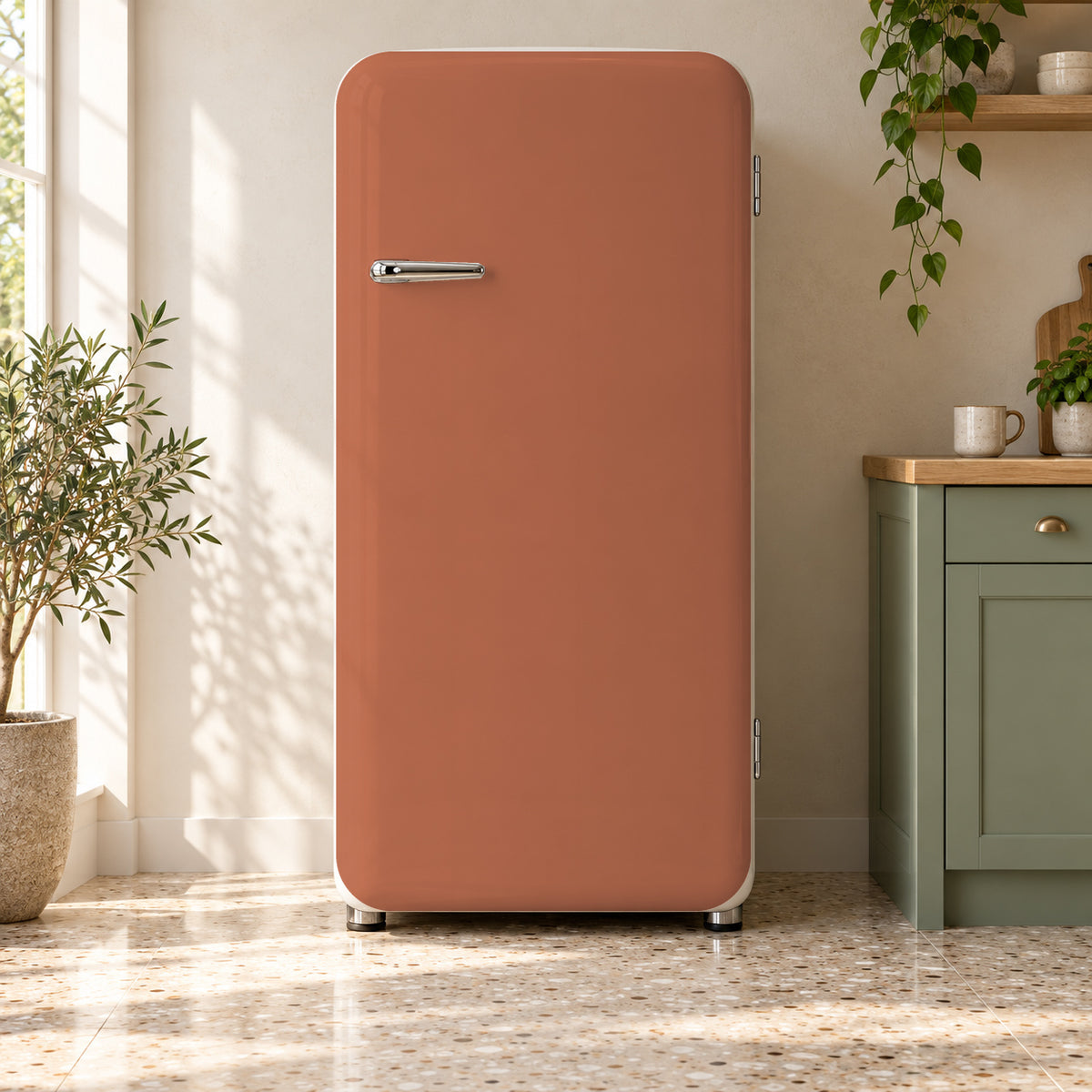 Terracotta fridge wrap on a retro refrigerator
