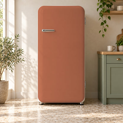 Terracotta fridge wrap on a retro refrigerator