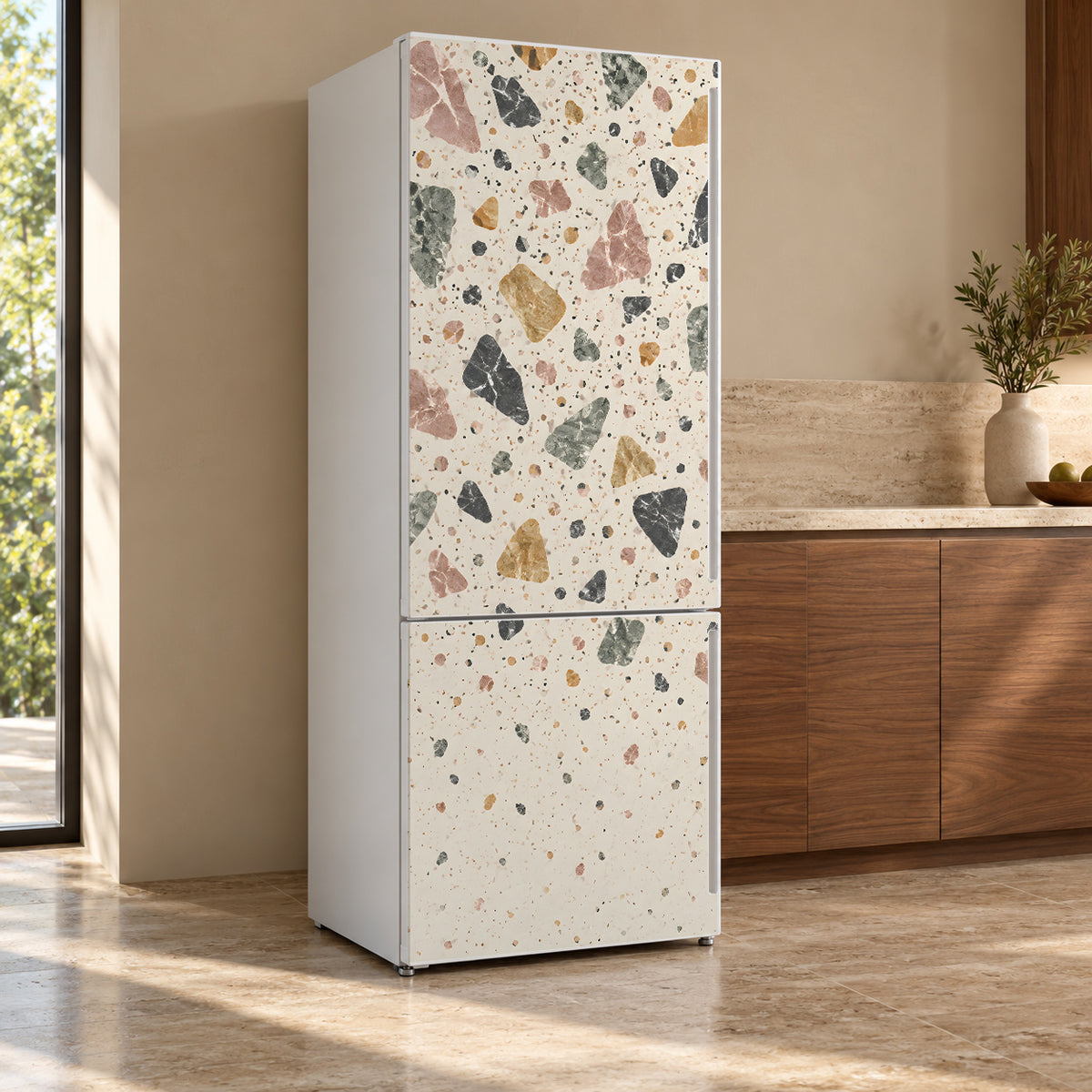 Terrazzo fridge wrap, refrigerator shown at an angle