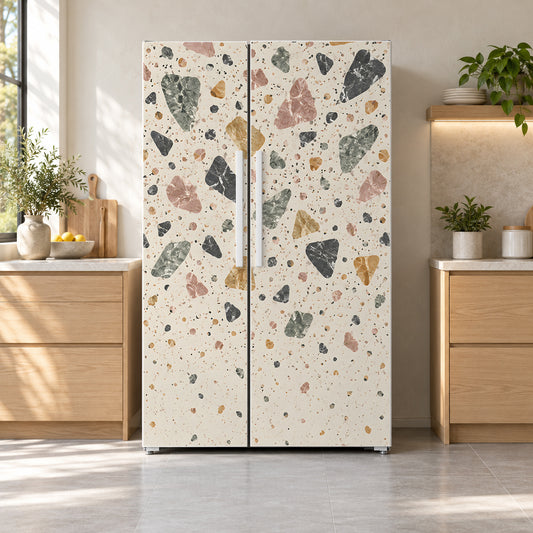 Terrazzo fridge wrap on a side-by-side refrigerator