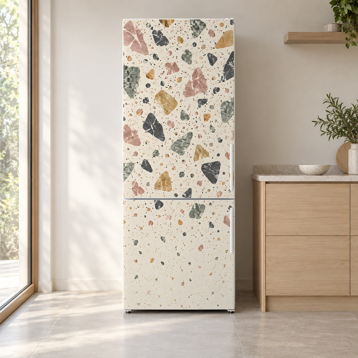 Terrazzo fridge wrap on a white refrigerator in a bright kitchen