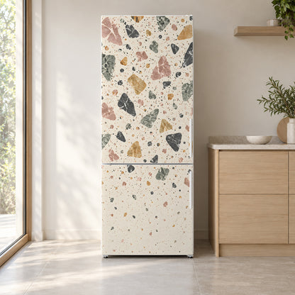 Terrazzo fridge wrap on a white refrigerator in a bright kitchen