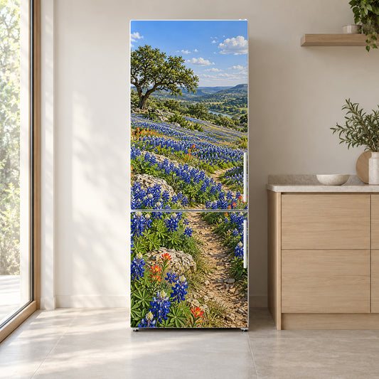 Texas Bluebonnets fridge wrap on a white refrigerator in a bright kitchen