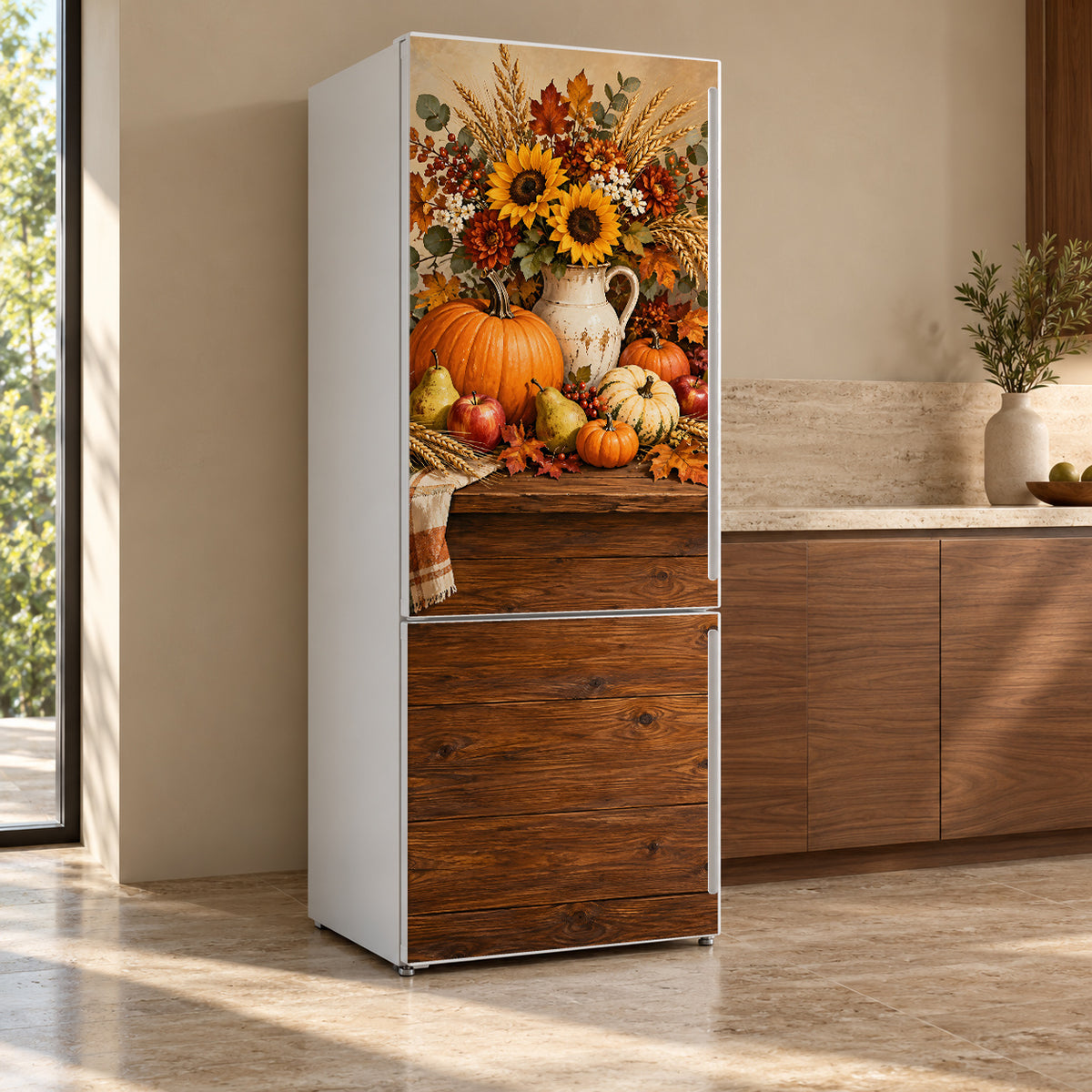 Thanksgiving Harvest fridge wrap, refrigerator shown at an angle