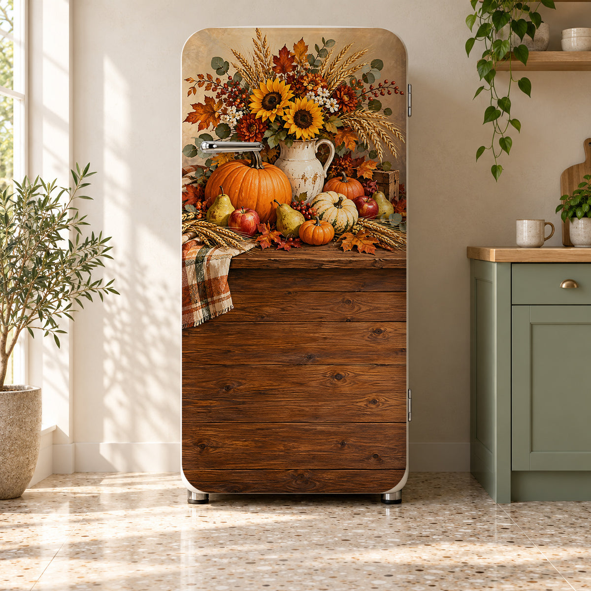 Thanksgiving Harvest fridge wrap on a retro refrigerator