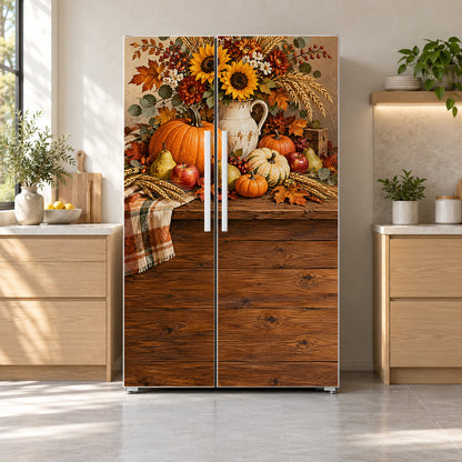 Thanksgiving Harvest fridge wrap on a side-by-side refrigerator