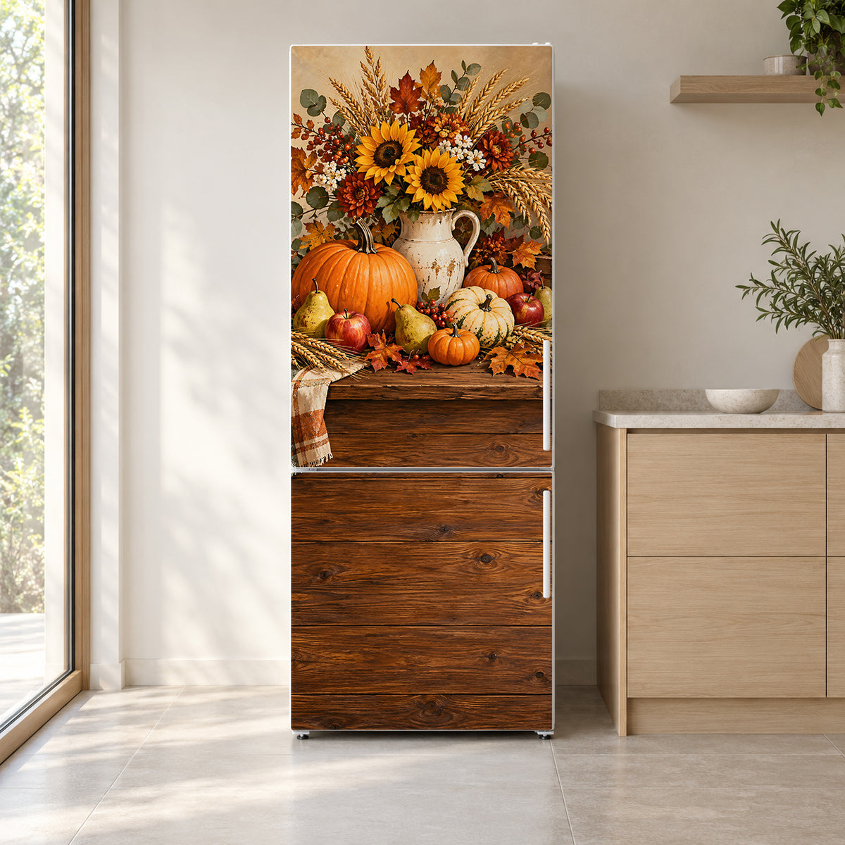 Thanksgiving Harvest fridge wrap on a white refrigerator in a bright kitchen