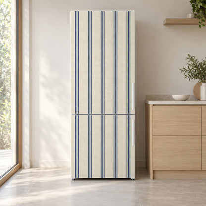 Ticking Stripe fridge wrap on a white refrigerator in a bright kitchen