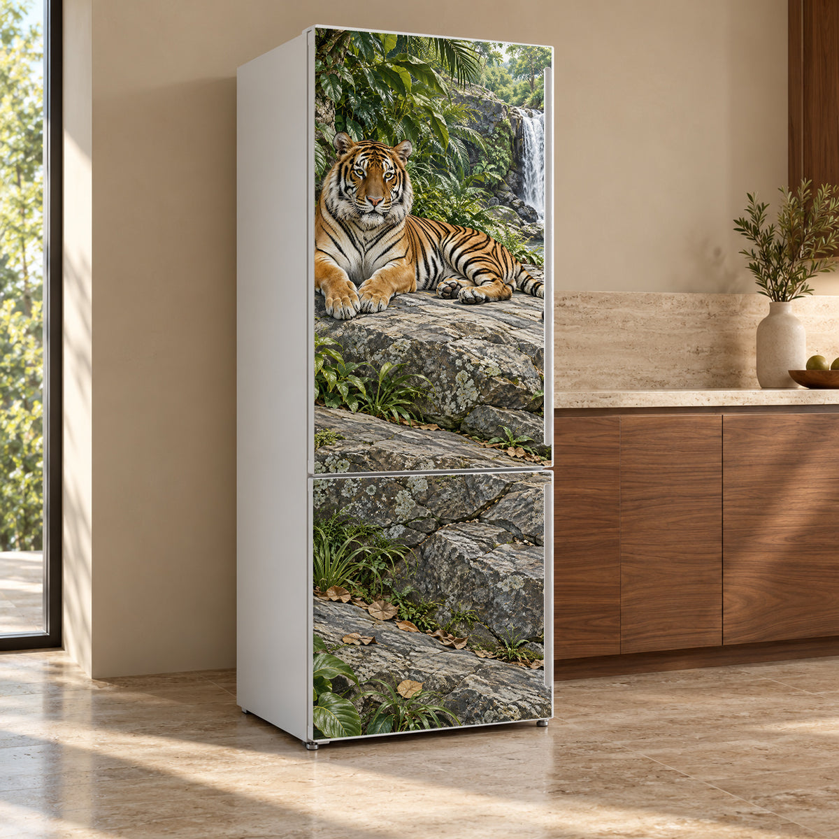 Tiger by the Waterfall fridge wrap, refrigerator shown at an angle