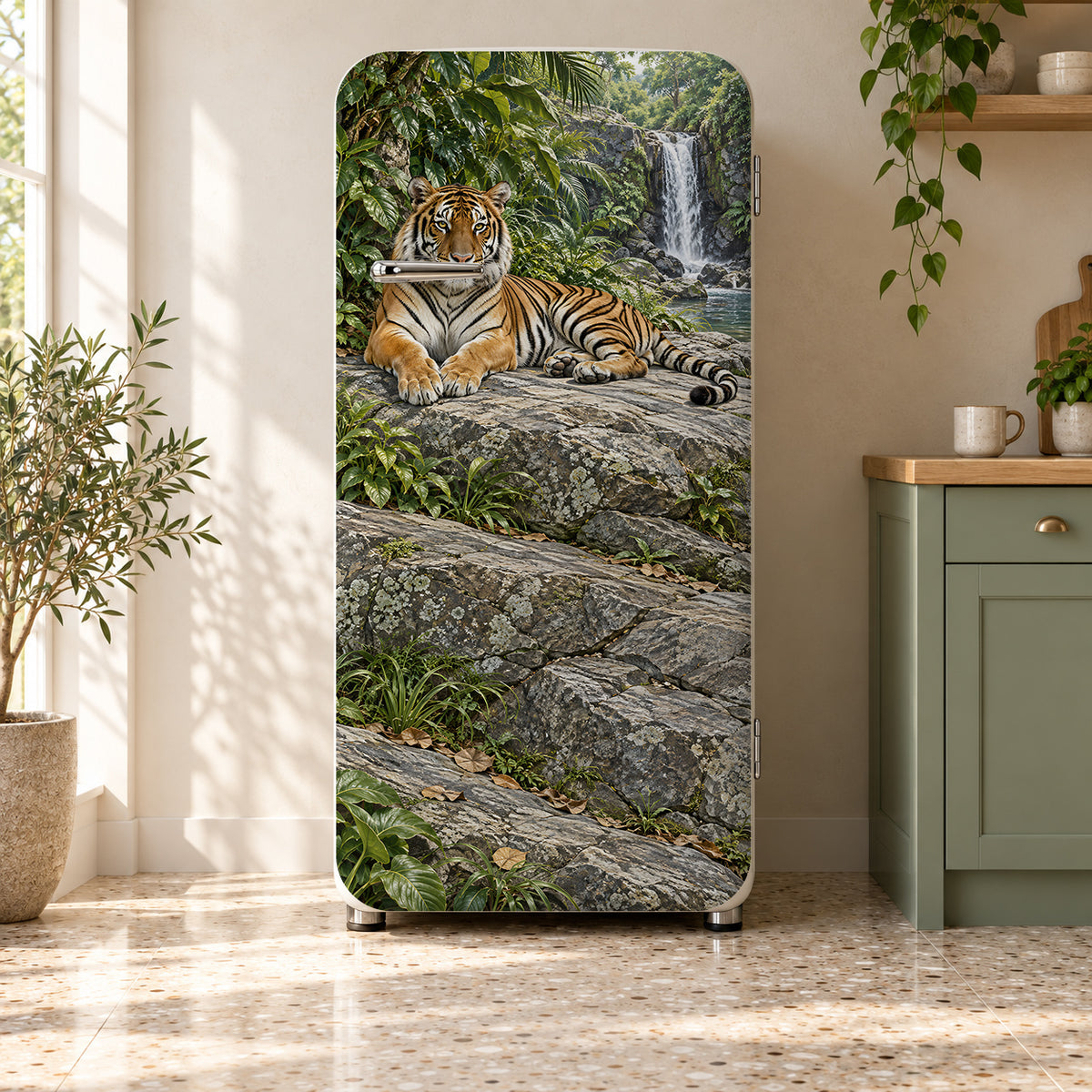 Tiger by the Waterfall fridge wrap on a retro refrigerator