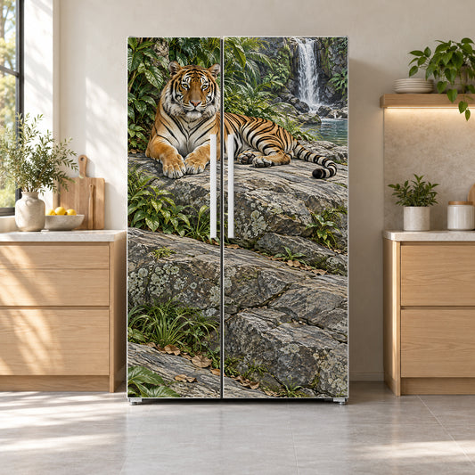 Tiger by the Waterfall fridge wrap on a side-by-side refrigerator