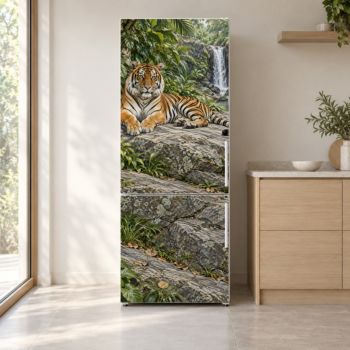 Tiger by the Waterfall fridge wrap on a white refrigerator in a bright kitchen