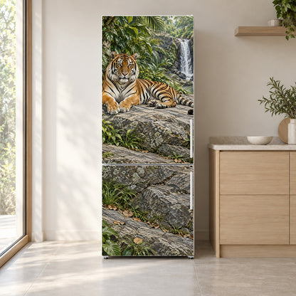 Tiger by the Waterfall fridge wrap on a white refrigerator in a bright kitchen