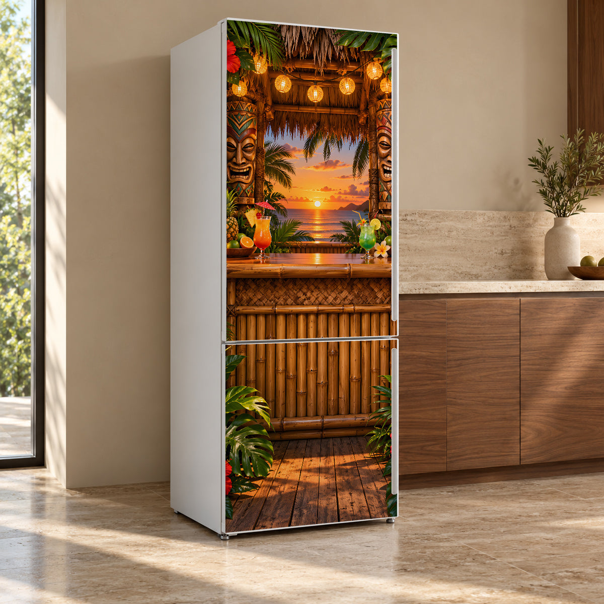 Tiki Bar fridge wrap, refrigerator shown at an angle