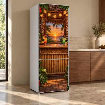 Tiki Bar fridge wrap, refrigerator shown at an angle