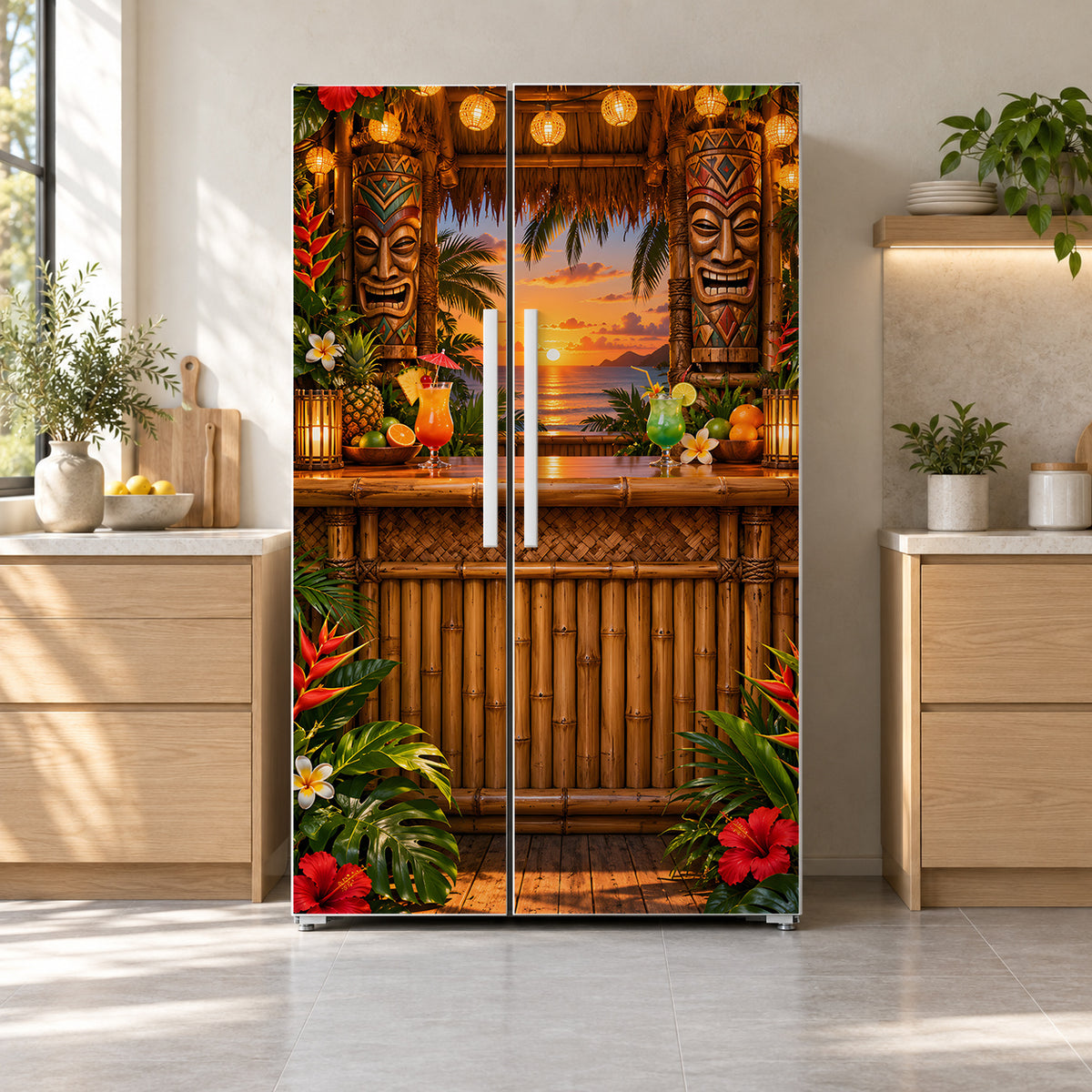 Tiki Bar fridge wrap on a side-by-side refrigerator