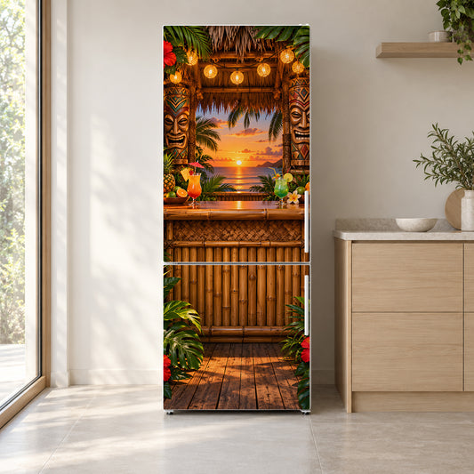 Tiki Bar fridge wrap on a white refrigerator in a bright kitchen