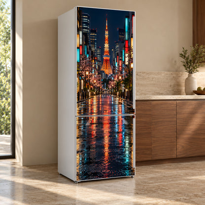 Tokyo Night fridge wrap, refrigerator shown at an angle