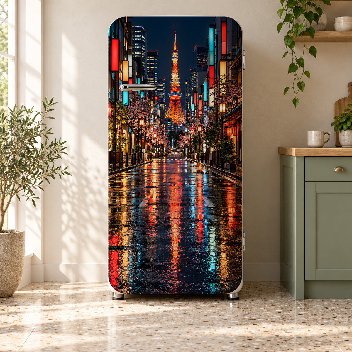 Tokyo Night fridge wrap on a retro refrigerator