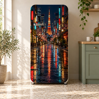 Tokyo Night fridge wrap on a retro refrigerator