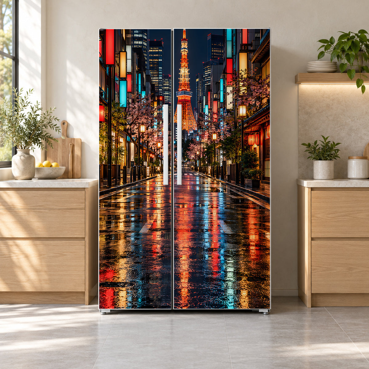 Tokyo Night fridge wrap on a side-by-side refrigerator