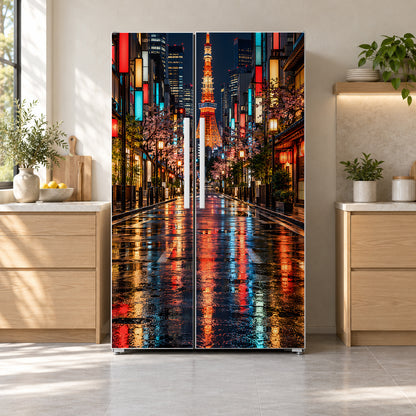 Tokyo Night fridge wrap on a side-by-side refrigerator