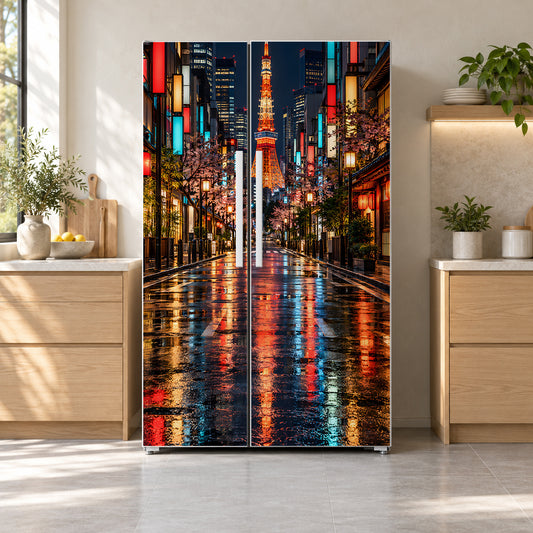Tokyo Night fridge wrap on a side-by-side refrigerator
