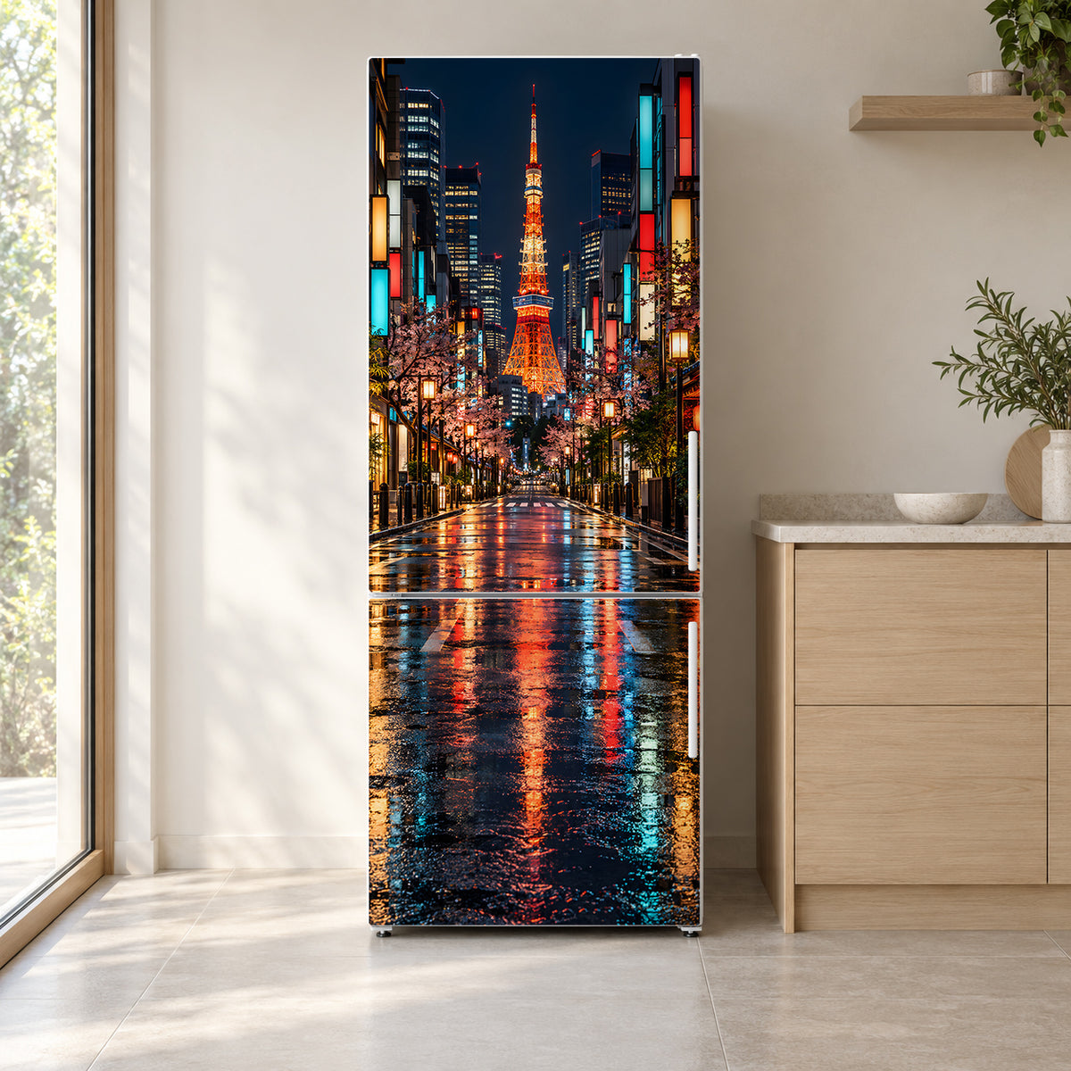 Tokyo Night fridge wrap on a white refrigerator in a bright kitchen