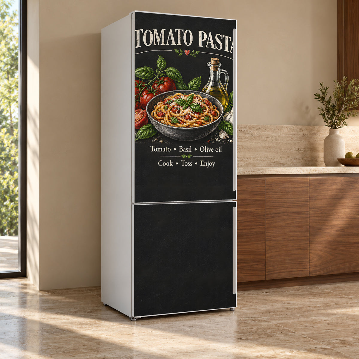 Tomato Pasta Chalkboard fridge wrap, refrigerator shown at an angle