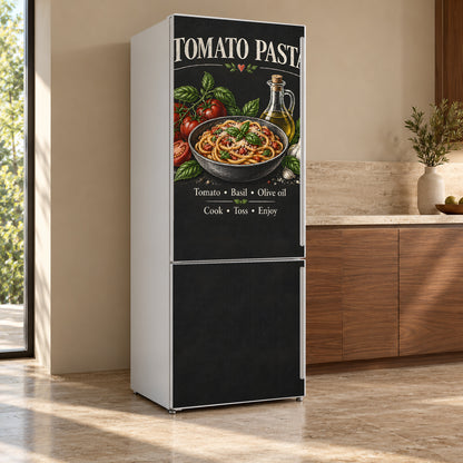 Tomato Pasta Chalkboard fridge wrap, refrigerator shown at an angle
