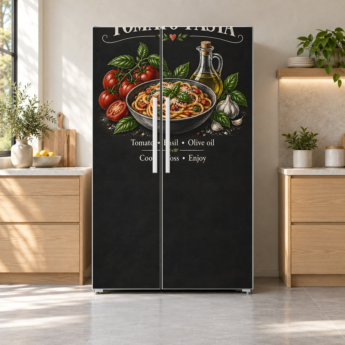 Tomato Pasta Chalkboard fridge wrap on a side-by-side refrigerator