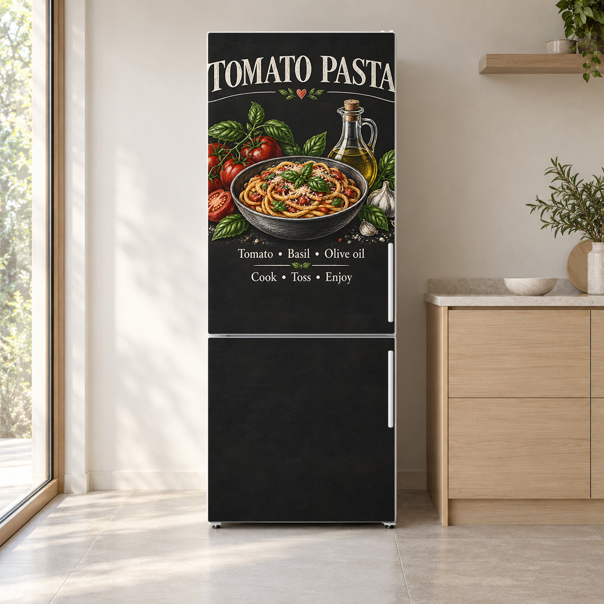 Tomato Pasta Chalkboard fridge wrap on a white refrigerator in a bright kitchen