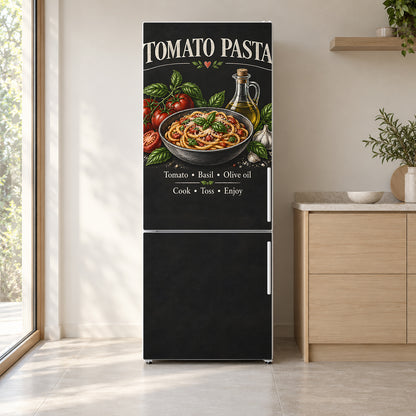 Tomato Pasta Chalkboard fridge wrap on a white refrigerator in a bright kitchen
