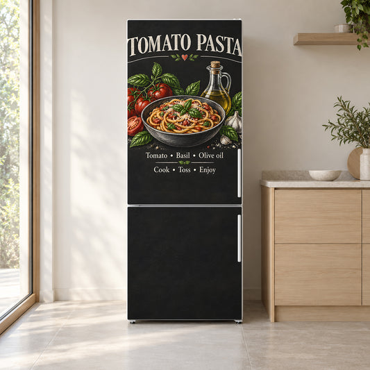Tomato Pasta Chalkboard fridge wrap on a white refrigerator in a bright kitchen