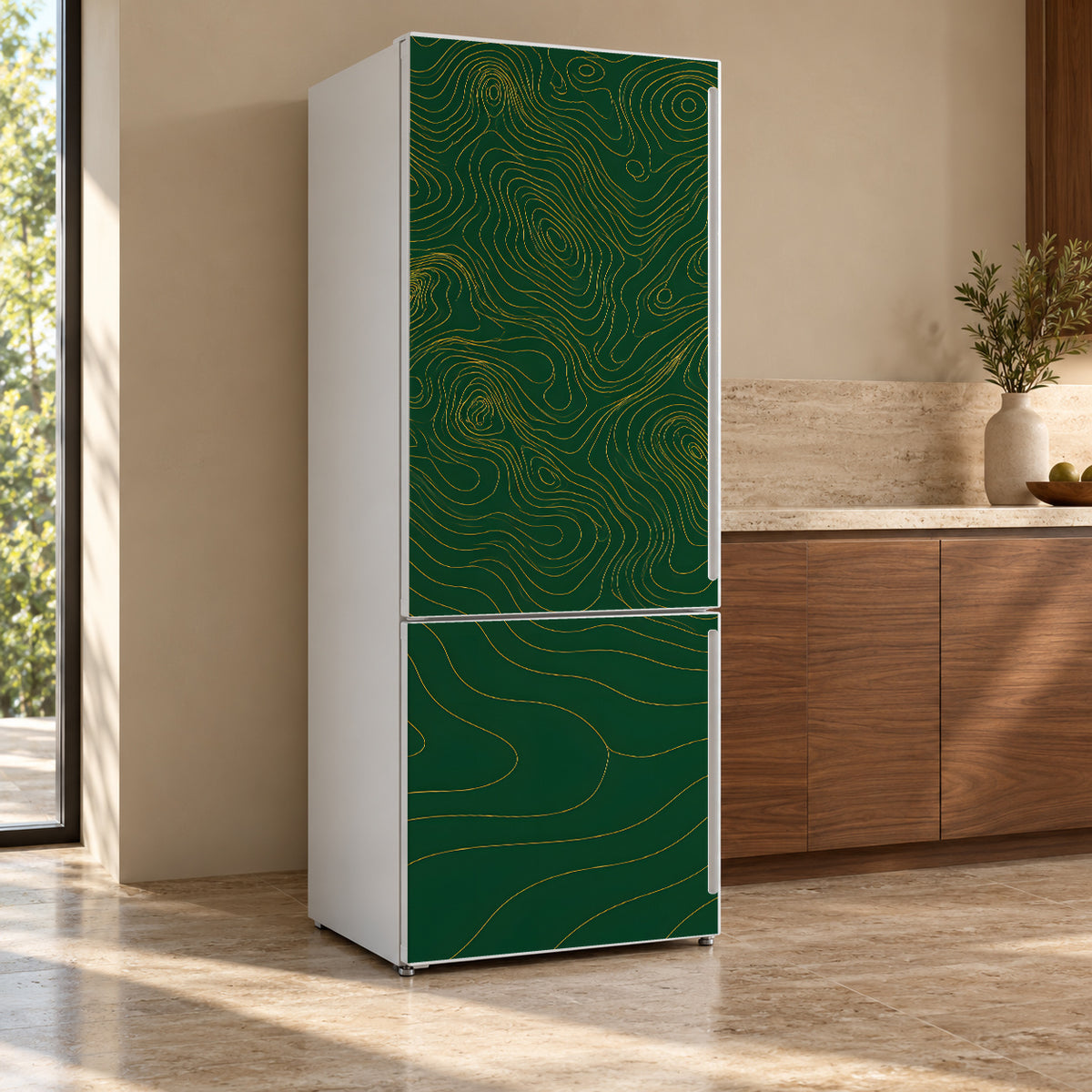 Topographic Map Lines fridge wrap, refrigerator shown at an angle