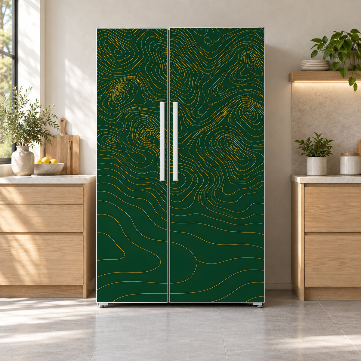 Topographic Map Lines fridge wrap on a side-by-side refrigerator