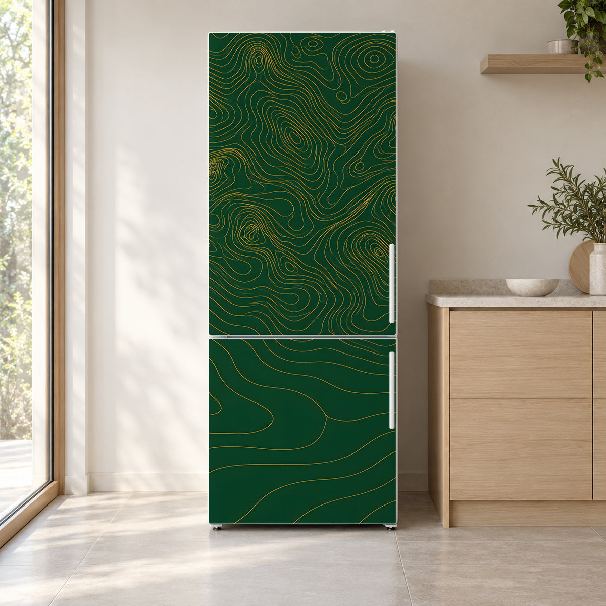 Topographic Map Lines fridge wrap on a white refrigerator in a bright kitchen