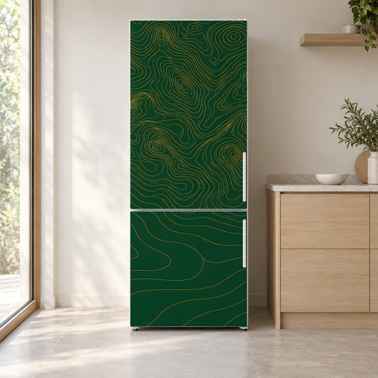 Topographic Map Lines fridge wrap on a white refrigerator in a bright kitchen