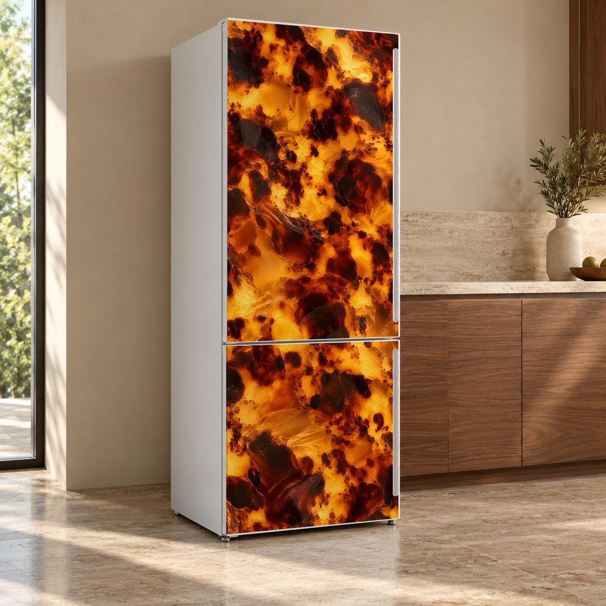 Tortoiseshell fridge wrap, refrigerator shown at an angle