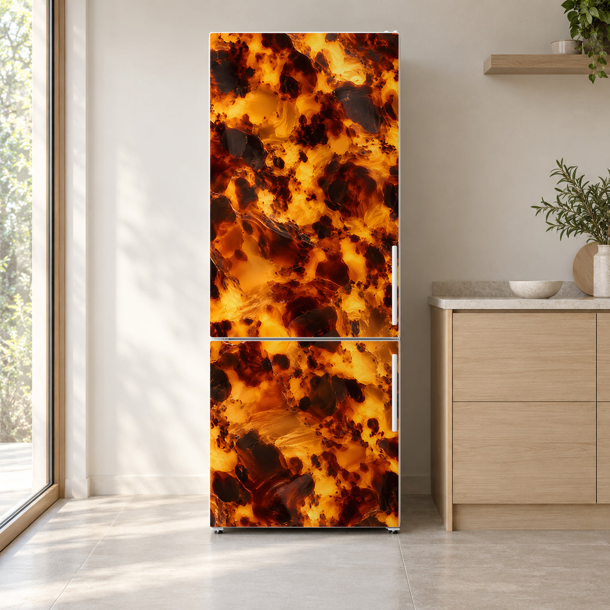 Tortoiseshell fridge wrap on a white refrigerator in a bright kitchen