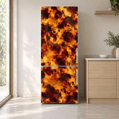 Tortoiseshell fridge wrap on a white refrigerator in a bright kitchen